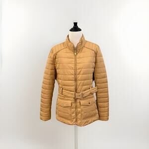 New York & Company Quilted Jacket Size Large Tan Khaki Quilted Belted Coat New
